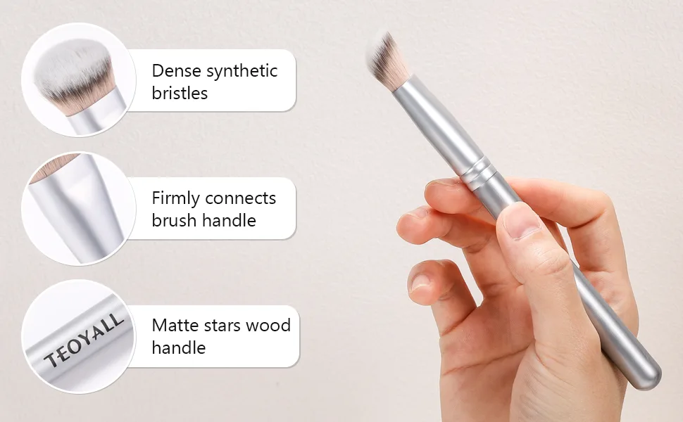 TEOYALL Flat Angled Concealer Bronzer Brush Medium Synthetic Bristles Flawless Coverage Multitask Brush with Liquid Cream Powder Silver M - bronzer brush