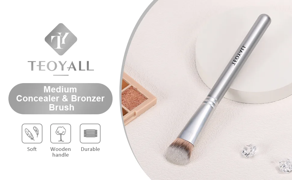 TEOYALL Flat Angled Concealer Bronzer Brush Medium Synthetic Bristles Flawless Coverage Multitask Brush with Liquid Cream Powder Silver M - concealer brush