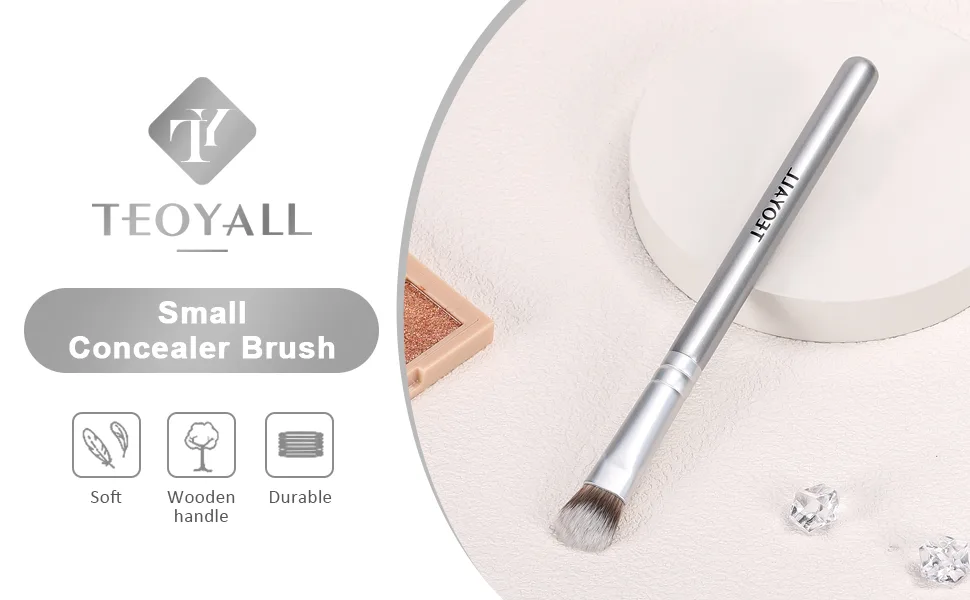 TEOYALL Under-Eye Concealer Brush Small Flat Angled Synthetic Bristles Flawless Coverage Multitask Brush with Liquid Cream Powder Silver S - angled concealer brush