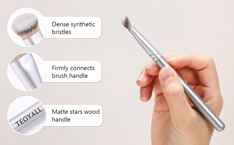 TEOYALL Under-Eye Concealer Brush Small Flat Angled Synthetic Bristles Flawless Coverage Multitask Brush with Liquid Cream Powder Silver S - eyeshadow blending brush