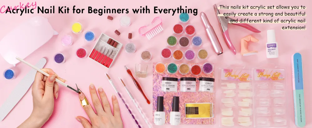 Curkey Acrylic Nail Kit with Everything - 27 Acrylic Powder Professional Nail Kit for Beginners with Everything with Drill - Complete Acrylic Nail Starter Kit with Light Nail Art Decorations Tools - acrylic nail kit