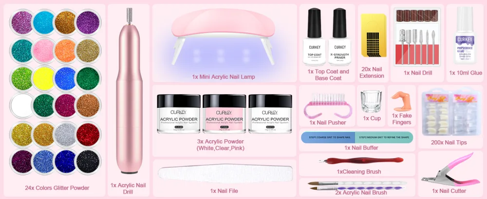Curkey Acrylic Nail Kit with Everything - 27 Acrylic Powder Professional Nail Kit for Beginners with Everything with Drill - Complete Acrylic Nail Starter Kit with Light Nail Art Decorations Tools - nails kit acrylic set
