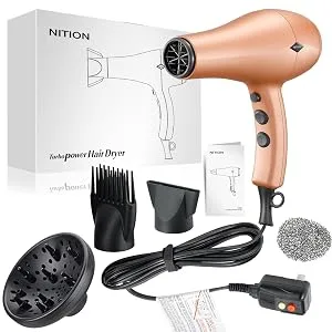 NITION Negative Ions Ceramic Hair Dryer with Diffuser Attachment Ionic Blow Dryer Quick Drying,1875 Watt 2 Speed / 3 Heat Settings,Cool Shot Button,Lightweight,Champagne Gold - nition HAIR DRYER