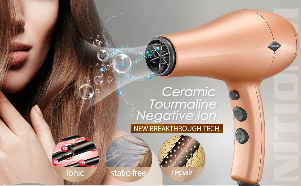 NITION Negative Ions Ceramic Hair Dryer with Diffuser Attachment Ionic Blow Dryer Quick Drying,1875 Watt 2 Speed / 3 Heat Settings,Cool Shot Button,Lightweight,Champagne Gold - nition hair dryer
