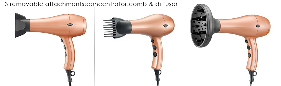 NITION Negative Ions Ceramic Hair Dryer with Diffuser Attachment Ionic Blow Dryer Quick Drying,1875 Watt 2 Speed / 3 Heat Settings,Cool Shot Button,Lightweight,Champagne Gold - nition hair dryer with diffuser and comb