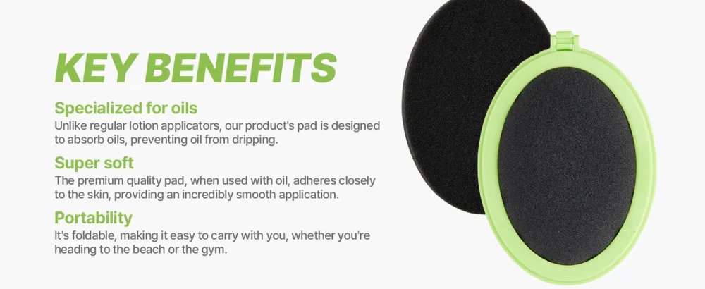 Body Oil Applicator (2nd gen) - 19" Foldable Long Curved Handle with Replaceable Brush Head Spill Prevention Non-Toxic Washable Foam Pad Perfect for Tanning and Body Oils Includes 2 Pads - product information 11