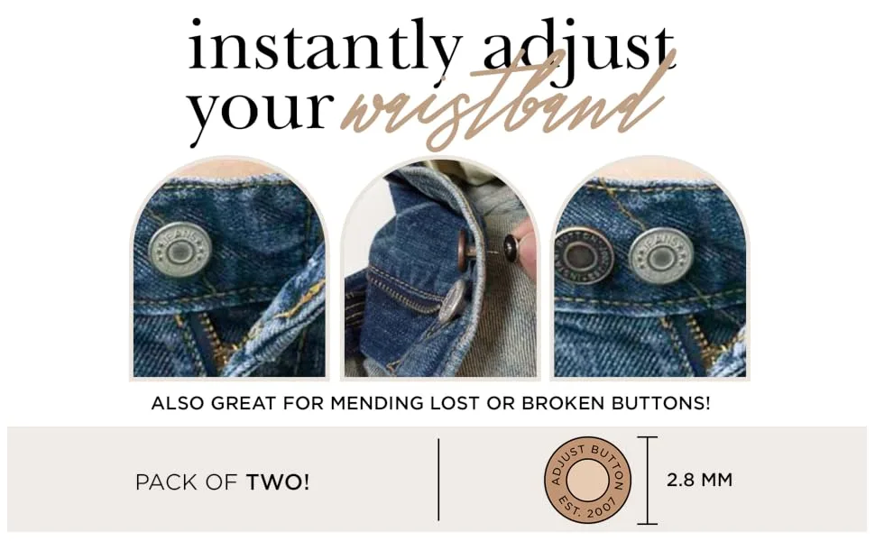 Nippies Adjust-a-Button for Jeans - Pack of 2 Adjustable, Replacement Buttons for Jeans and Denim - Instant Adjuster Button Pins for Tight or Loose Pants - Instantly adjust your waistband