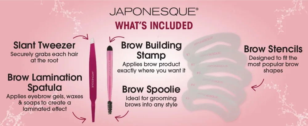 JAPONESQUE Brow Builder Kit Includes Brow Lamination Spatula with Tweezers 5 Brow Stencils and Brow Brush for Application of Gels Waxes and Eyebrow Makeup - Slant Tweezer, Brow Lamination Spatula, Brow Building Stamp, Brow Spoolie, Brow Stencils