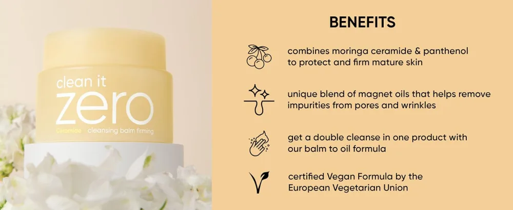 BANILA CO Clean it Zero Firming Cleansing Balm with Moringa Cermaide Vegan Makeup Removing Facial Wash 100ML - benefits include moringa ceramide and panthenol