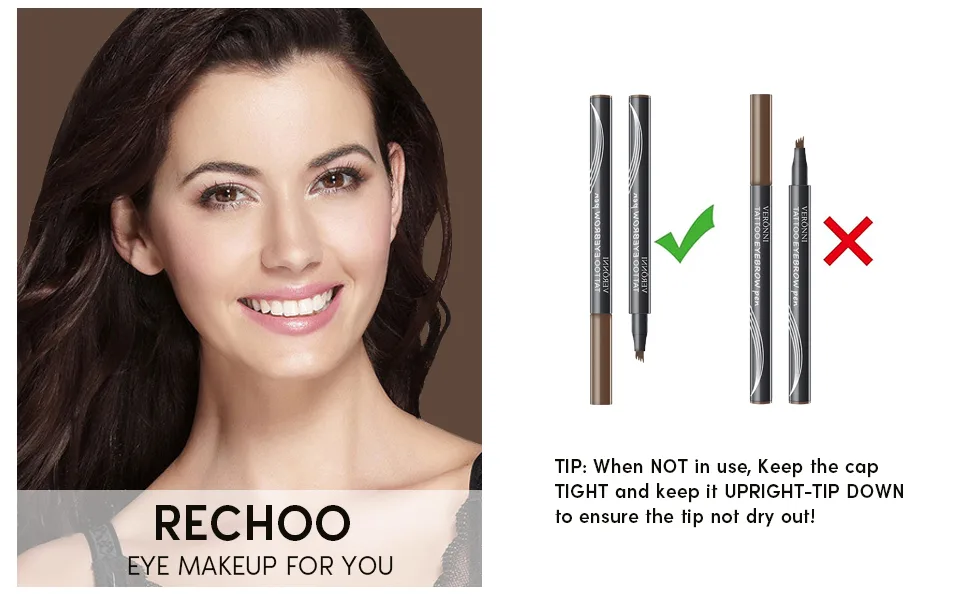 Rechoo Eyebrow Pencil Brown Eye Makeup Liquid Brow Pen Micro Fork Waterproof Long Lasting Dark Brown Natural Looking 4 Micro-Fork Tip Design A-Dark Brown - keep upright-tip down