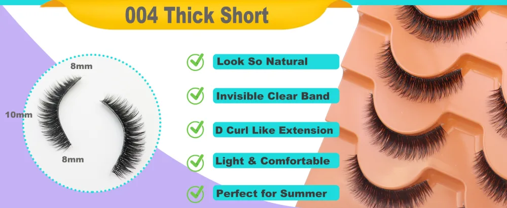 10MM Mink Lashes Thick Short False Eyelashes Natural Look Wispy Clear Band Eyelashes Strip by DAODER Thin Band Soft D Curl Lash Extension Look 7Pairs (004 Thick Short) - eyelashes natural