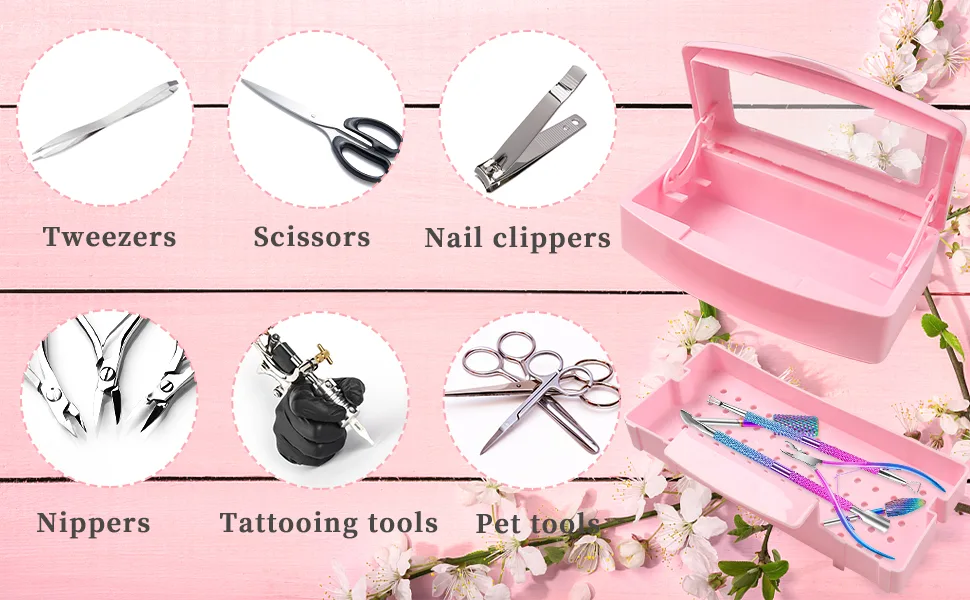 Nail Tool Sterilizer Box Plastic Sterilizing Tray Plastic Clean Sterilizing Box Storage Organizer for Nail Tweezers Eyelash Extensions Hair Salon Spa & Cutter Manicure Equipment (Pink) - Multifunctional sterilizing box