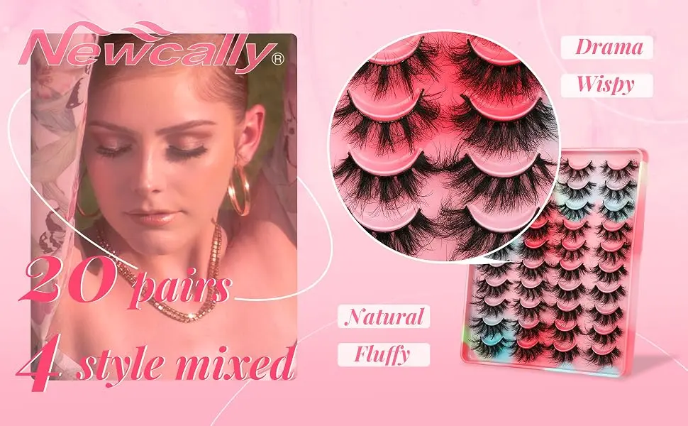 Newcally Lashes Mink Fluffy False Eyelashes 20MM Long Dramatic Fake Eye Lashes 5D Wispy Eyelashes Russian Strip Lashes Multipack 20 Pairs A- Fluffy - fluffy faux mink lashes
