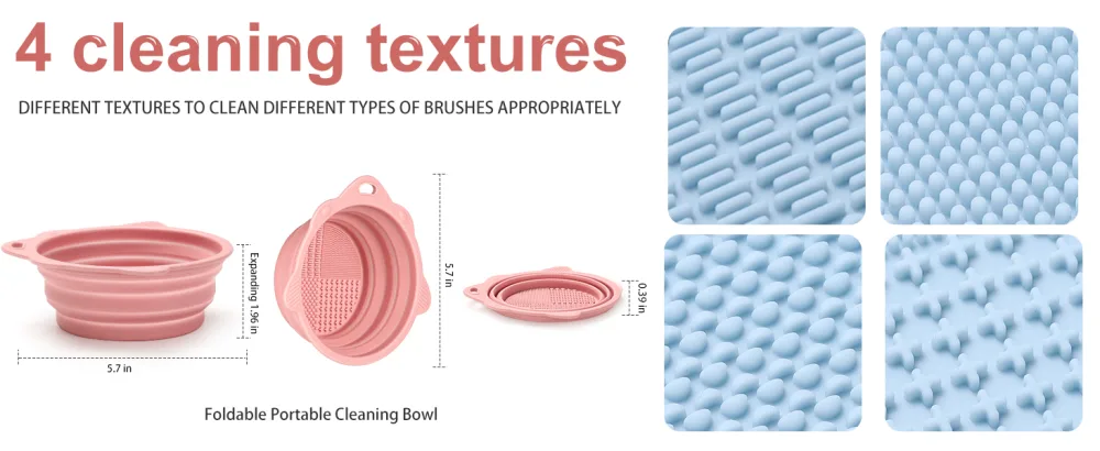 Foldable Silicone Makeup Brush Cleaner Bowl - Etercycle Portable Cleaning Tool for Brushes Powder Puffs and Sponges (Pink) - 4 cleaning textures