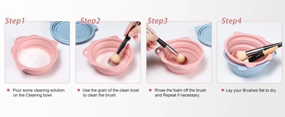 Foldable Silicone Makeup Brush Cleaner Bowl - Etercycle Portable Cleaning Tool for Brushes Powder Puffs and Sponges (Pink) - How to use