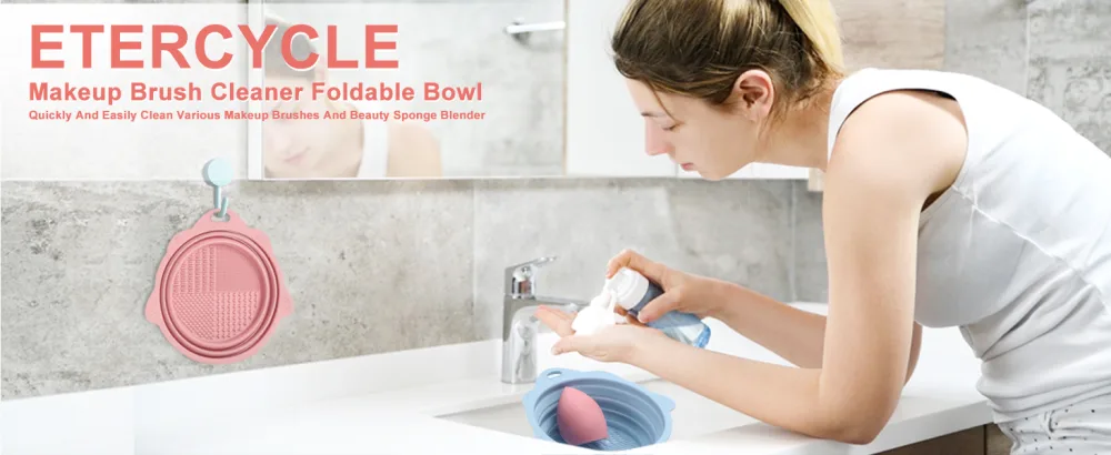 Foldable Silicone Makeup Brush Cleaner Bowl - Etercycle Portable Cleaning Tool for Brushes Powder Puffs and Sponges (Pink) - Makeup Brush Cleaner Foldable Bowl