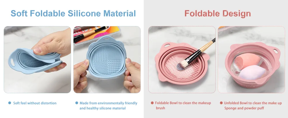 Foldable Silicone Makeup Brush Cleaner Bowl - Etercycle Portable Cleaning Tool for Brushes Powder Puffs and Sponges (Pink) - Multi-functional design