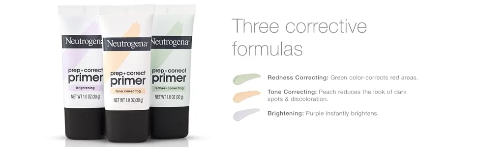 Neutrogena Prep + Correct Primer for Redness Correcting, Green-Toned Matte Makeup Primer with Seaweed Extract to Help Reduce Redness & Even Skin Tone, 1.0 oz - 3 formulas: Green for Redness Correcting, Peach for Tone Correcting and Purple for Brightening
