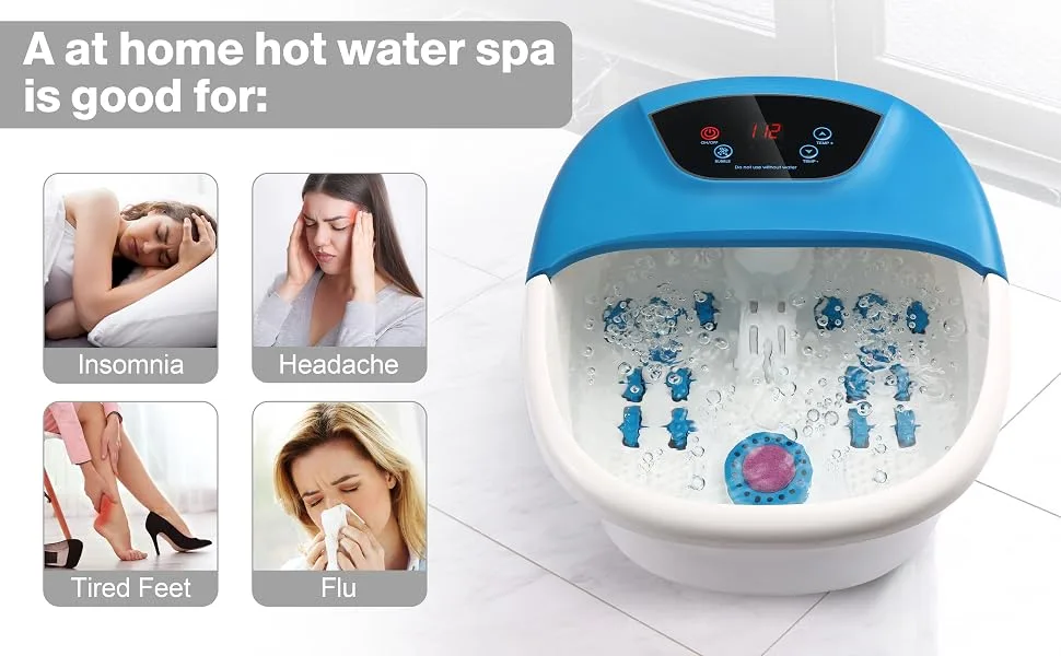 Foot Spa Massager with Bubble Jets Foot Bath with Customizable Heating Temperature 14 Rollers and Removable Pumice Stone for Soothing Tired Overworked Feet(Blue) Classic Blue - foot spa