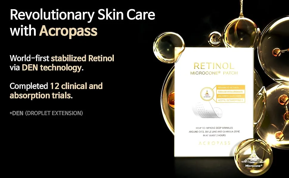 Acropass RETINOL MICROCONE PATCH (12 patches) 1 patch for between brows 2 patches for eye area/smile lines | Line care | Retinol | Retinol Patch | Wrinkle cares | Smile lines | Forehead lines - Acropass Retinol Microcone Patch