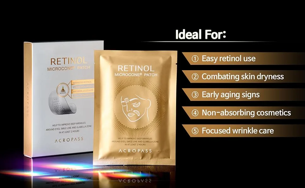 Acropass RETINOL MICROCONE PATCH (12 patches) 1 patch for between brows 2 patches for eye area/smile lines | Line care | Retinol | Retinol Patch | Wrinkle cares | Smile lines | Forehead lines - Acropass Retinol Microcone Patch