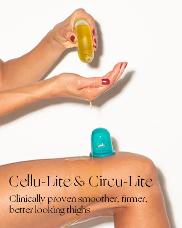 Exfoliating Mitt Buff Lite for Deep Cleansing Lymph Drainage & Skin Priming Dual Sided Shower Pad for Booty & HIPS - Woman applying Cellu-Lite Anti-Cellulite Leg Oil to thigh and using Circu-Lite Suction Cup on thigh