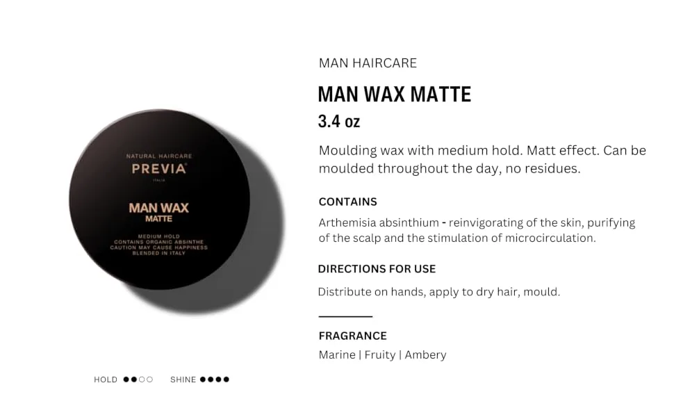 PREVIA Man Wax - Matte Styling Cream - Molding Hair Paste with Natural Hold (3.38 oz) - PREVIA MAN