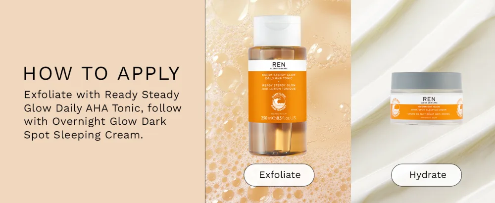 REN All Is Bright Radiance Duo 300 ML - exfoliate with ready steady glow daily aha tonic follow with overnight glow dark spot sleeping cream