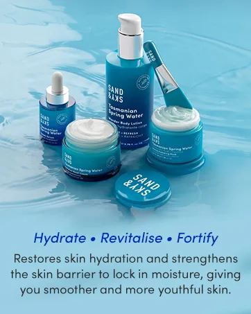 Sand & Sky Tasmanian Spring Water Splash Serum. Hyaluronic Acid for soft and plump skin. - hydration spring water sand and sky blue white