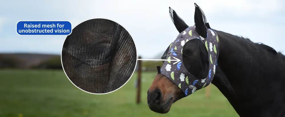 Weatherbeeta Stretch Bug Eye Saver with Eyes - Turquoise/Black Mask Size - Pony Mask Size - Pony Pony Turquoise/Black - WeatherBeeta Stretch Bug Eye Saver with Ears, Umbrella Print Raised Mesh feature