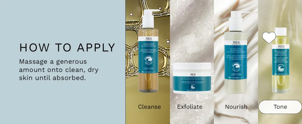 REN Clean Skincare Atlantic Kelp And Microalgae Anti-Fatigue Toning Body Oil 3.3 Fl Oz - massage a generous amount onto clean, dry skin until absorbed