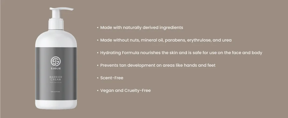 SJOLIE Pro Blending Barrier Cream For Spray Tanning | Minimize & Block DHA - white pump bottle with a grey label and white logo displayed with key product features