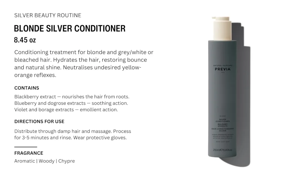 PREVIA Blonde Silver Shampoo - Hydrating Shampoo for Blonde Gray and White Hair (8.45 oz) - PREVIA SILVER CONDITIONER
