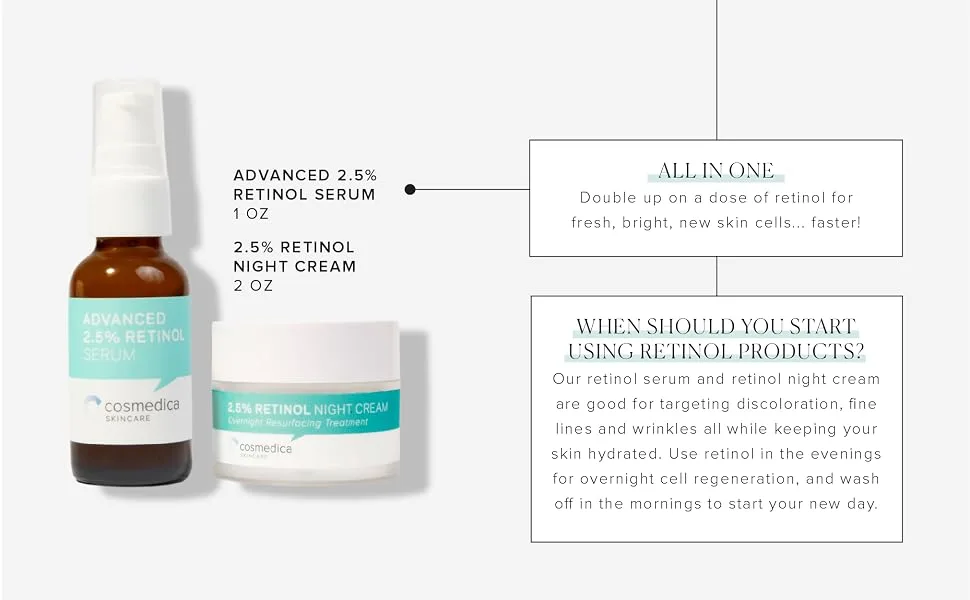Retinol Serum 2.5% 1oz & Retinol Cream 2oz Complete Anti Aging Skincare Combo Set - retinol kit info