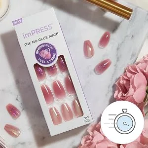 KISS imPRESS No Glue Mani Press-On Nails Design 'Ballerina' Neutral/green Medium Size Coffin Shape Includes 30 Nails Prep Pad Instructions Sheet 1 Manicure Stick 1 Mini File - image