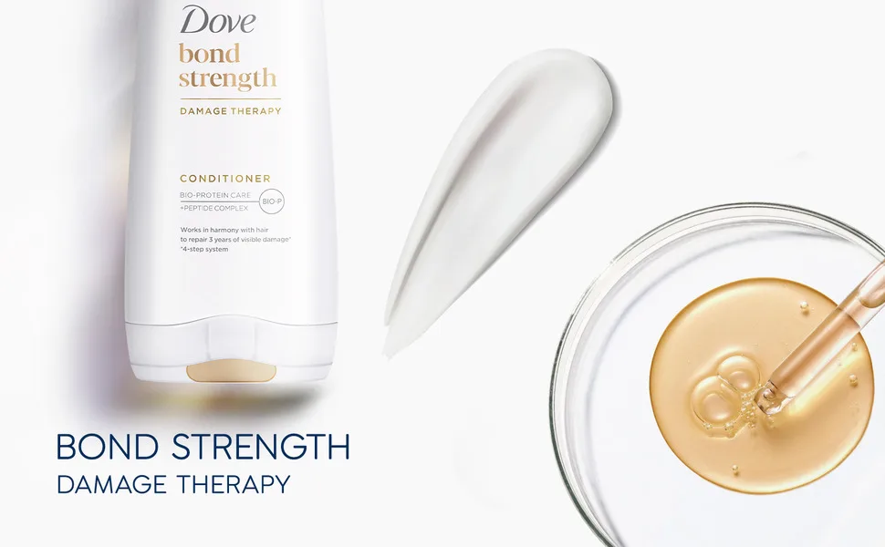 Dove Damage Therapy Conditioner Bond Strength for Damaged Hair with BIO PROTEIN CARE 12 oz - The title reads: BOND STRENGTH DAMAGE THERAPY.