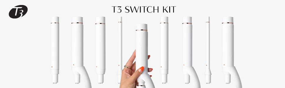 T3 Switch Kit Professional Ionic Interchangeable Curling Iron with 3 Ceramic Clip & Wand Long Barrels for Curling and Waving 9 Adjustable Heat Settings & Ion Generator White/Rose Gold SWITCH KIT WAVE TRIO - T3 Switch Kit
