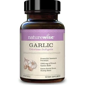 NatureWise Garlic Odorless Softgels 1500mg Support for Cardiovascular Function & Immune System Health with Antioxidants & Bee Pollen for Everyday Wellness, Black, 60 Count - odorless garlic NatureWise