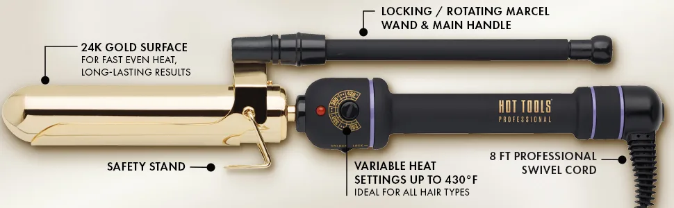 Hot Tools Pro Artist 24K Gold Marcel Iron | Long Lasting Curls Waves (1-1/4 in) 1-1/4 Inch BARREL 24K Gold Marcel Iron - marceliron; marcelirons; marcelcurlingiron; marcelcurlingirons; gold; hottools; longlastingcurls