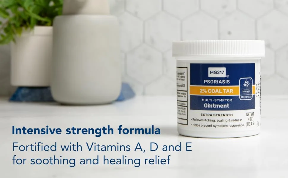MG217 2% Coal Tar Ointment for Psoriasis Extra Strength Multi Symptom Relief Effectively Relieves Itching Scaling Redness Vitamin A D and E 4 oz Jar 4 Ounce - Intensive Strength Formula