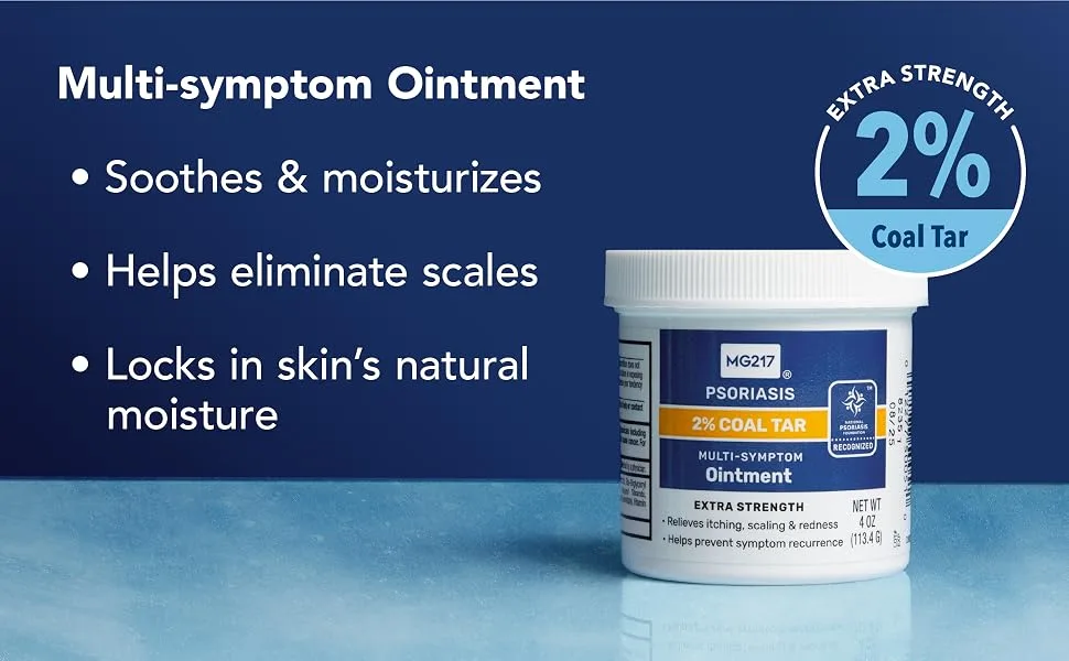 MG217 2% Coal Tar Ointment for Psoriasis Extra Strength Multi Symptom Relief Effectively Relieves Itching Scaling Redness Vitamin A D and E 4 oz Jar 4 Ounce - Psoriasisi Multi-Symptom Ointment