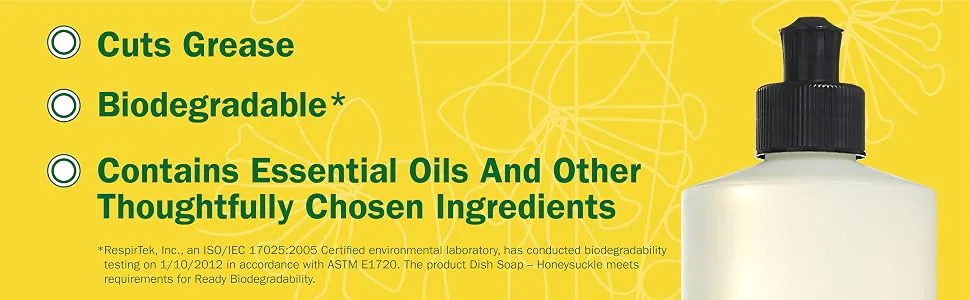 MRS. MEYER'S CLEAN DAY Liquid Dish Soap Biodegradable Formula Honeysuckle 16 fl. oz - cuts grease biodegradable essential oils
