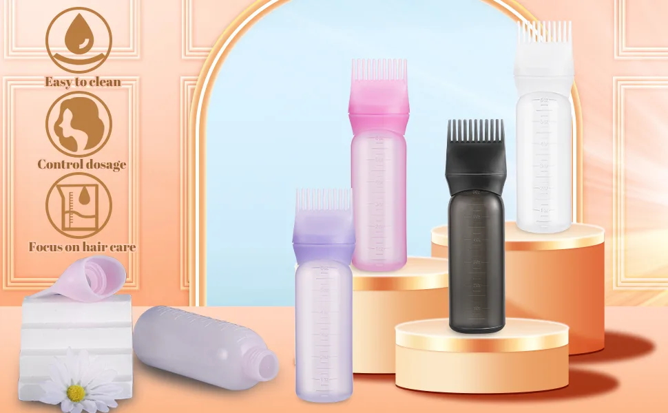 Pimoys Root Comb Applicator Bottle 6 Ounce Oil Applicator for Hair Dye Hair Oiling Bottle Brush with Graduated Scale Purple - product information 3