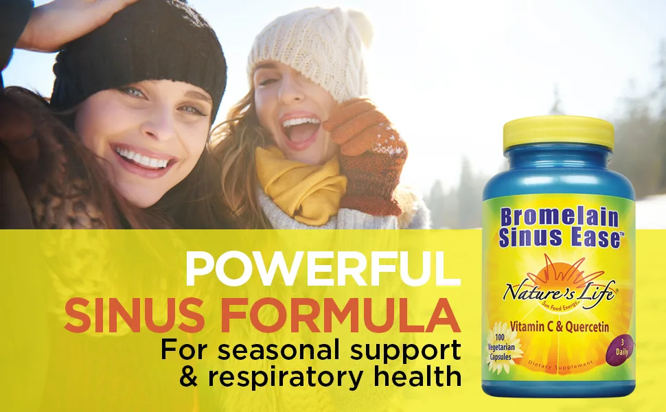 Nature's Life Bromelain Sinus Ease 1200mg | with Vitamin C & Quercetin | Sinus Health, Immune Function & Seasonal Support | 100 Vegetarian Capsules - Nature