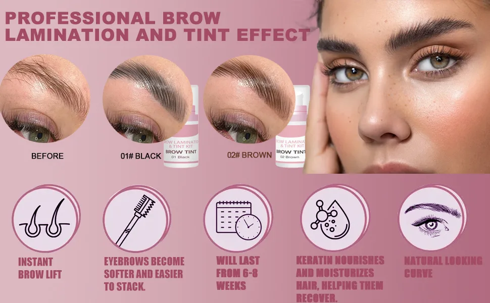 Brow Lamination Kit Eyebrow Lamination with Black & Brown Color Kit Professional Eyebrow Perm Kit Fuller & Thicker Brows Long-lasting for 6-8 Weeks Instant Lifting Suitable for Salon & Home Use - professional brow lamination and tint effect