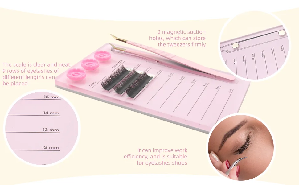 Acrylic Eyelash Extension Pallet Kits Grafting False Eyelash Organizer Extension Pad Lash Tray Magnetic Tweezer Holder - Durable Eyelash Extension Storage Organizer (Pink sets) - Eyelash Grafting pallet