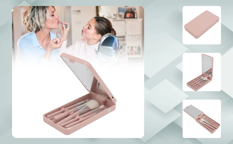 Makeup Brush Set with Mirror Professional Travel Makeup Brush Set Small Portable Cosmetic Brushes Kit with Rotatable LED Light Mirror for Eyeshadow Powder Blush - 1410240008711-1