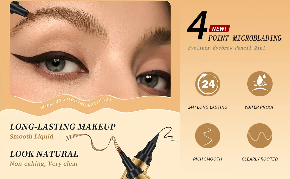 2-In-1 Dual-Ended Eyeliner and Eyebrow Pen with 4-Fork Micro-Fork Precision Brush for Natural Water-Resistant and Long-Lasting Application Suitable for Eyebrows Hairline and Beard - product information 1