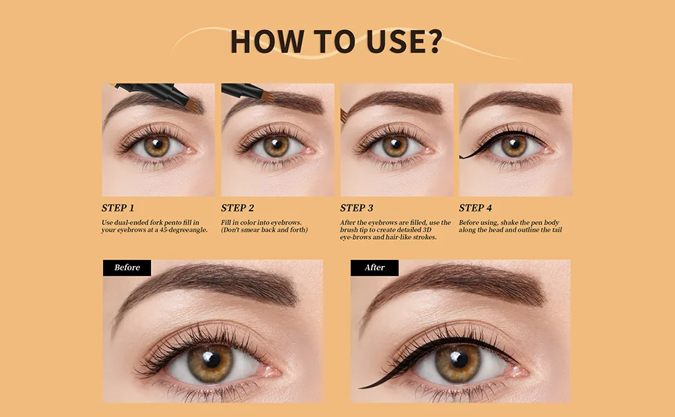 2-In-1 Dual-Ended Eyeliner and Eyebrow Pen with 4-Fork Micro-Fork Precision Brush for Natural Water-Resistant and Long-Lasting Application Suitable for Eyebrows Hairline and Beard - product information 3