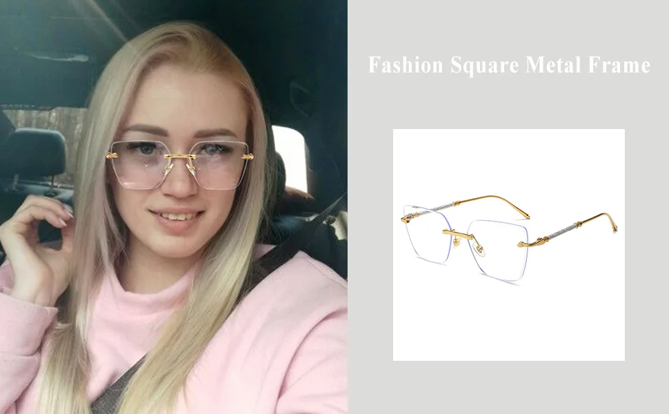 LJCZKA Blue Light Blocking Glasses Women Men Square Rimless Eyeglasses Anti Eye satrain Computer Glasses Metal Frame Silver - Blue Light Blocking Glasses